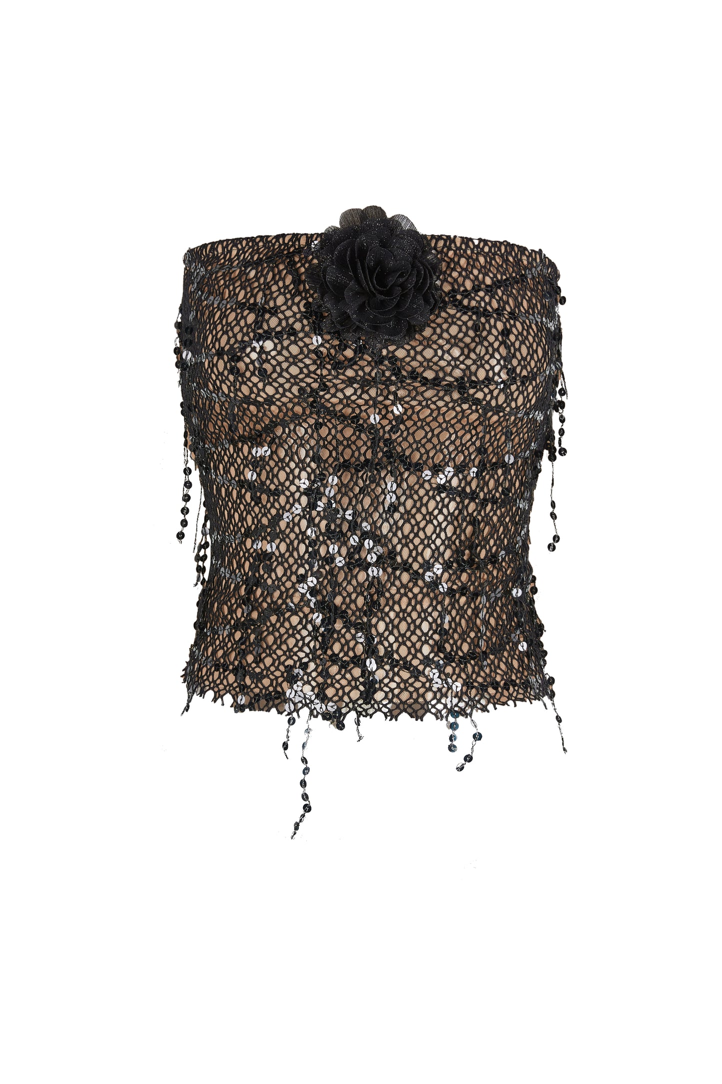Black Sequin Fishnet Lace Up Tube Top & Skirt