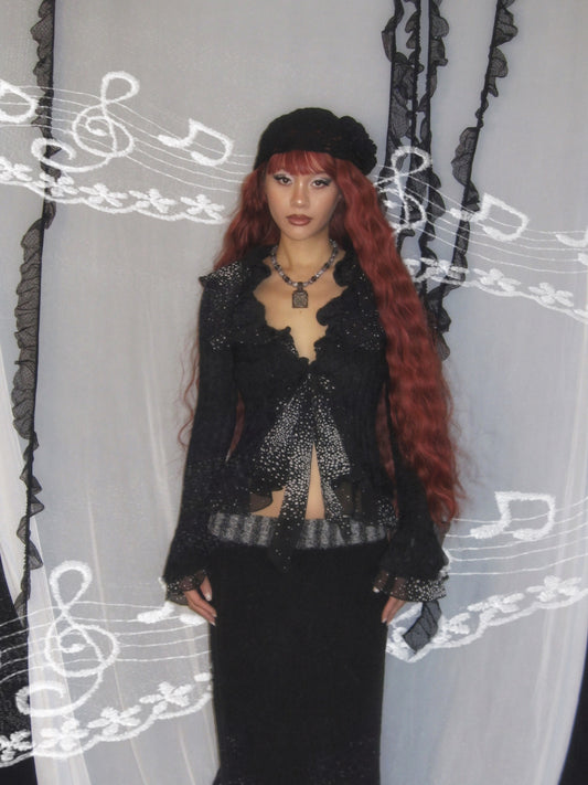 Black Ruffled Knit Cardigan