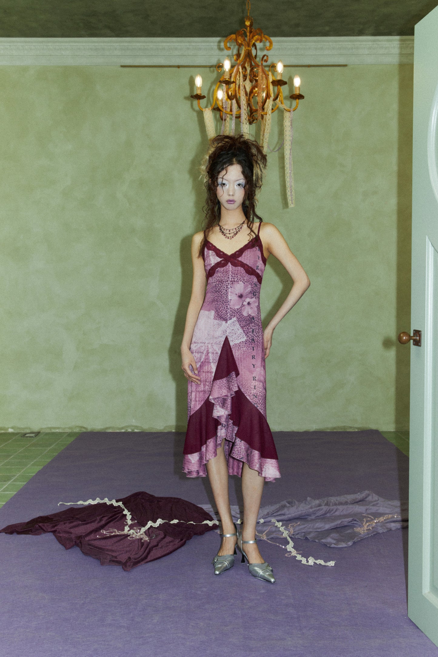 Purple Floral Patterned Lace Mesh Dress