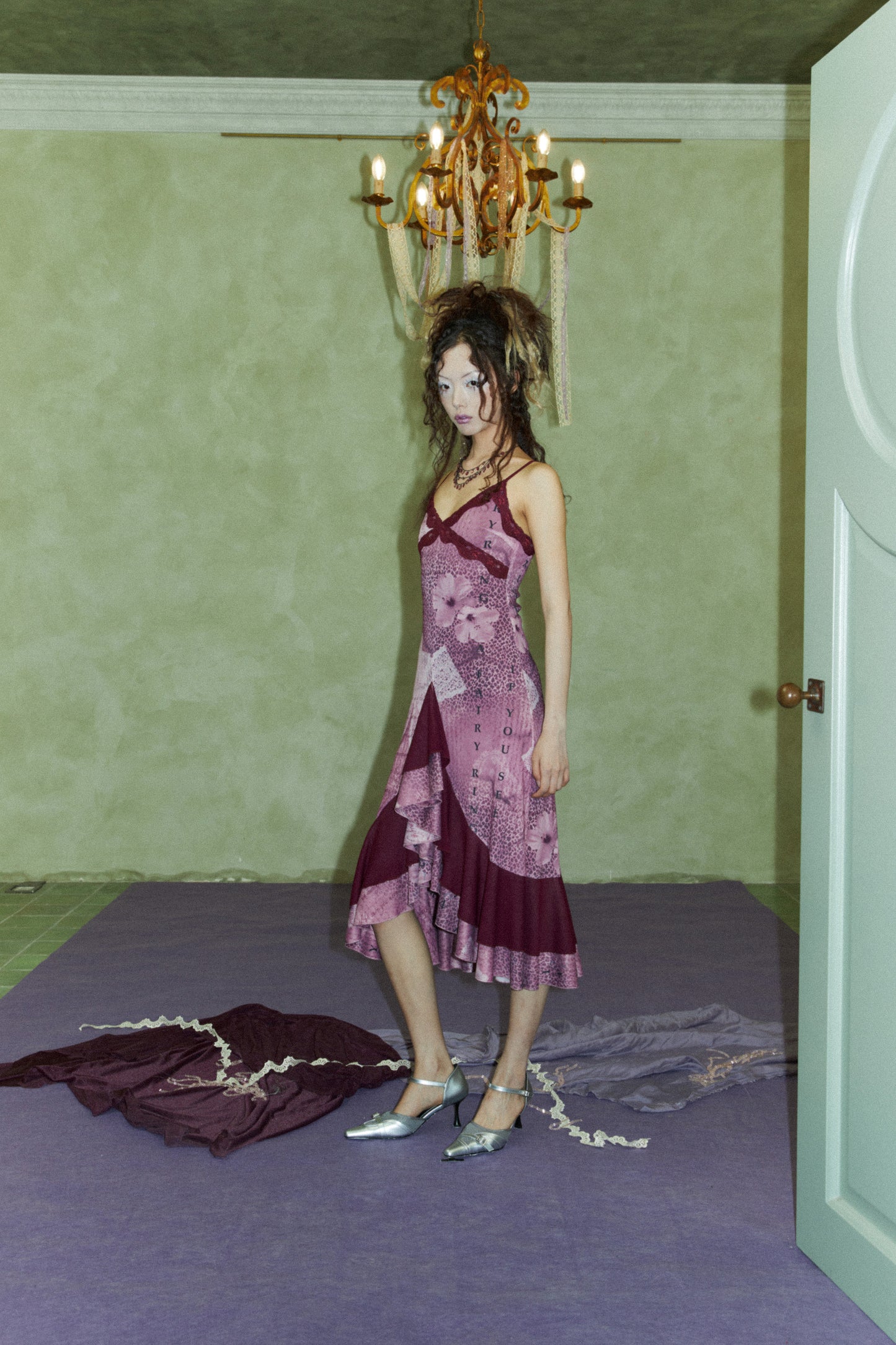 Purple Floral Patterned Lace Mesh Dress