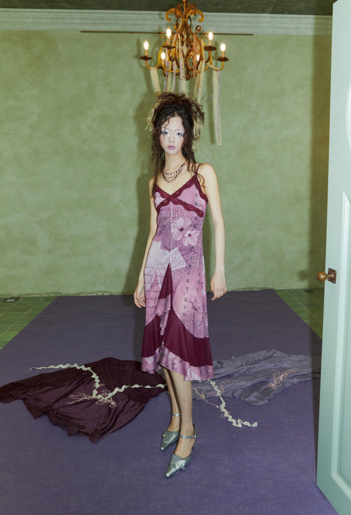 Purple Floral Patterned Lace Mesh Dress