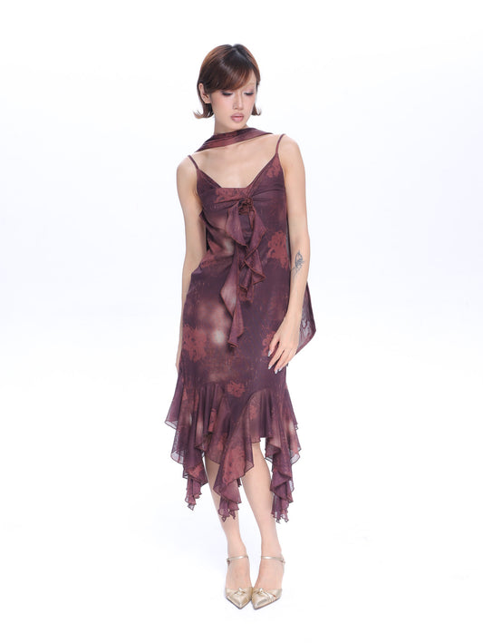 Mesh Floral Brooch Cami Dress & Scarf