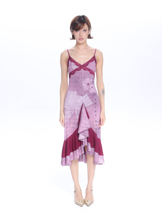 Purple Floral Patterned Lace Mesh Dress