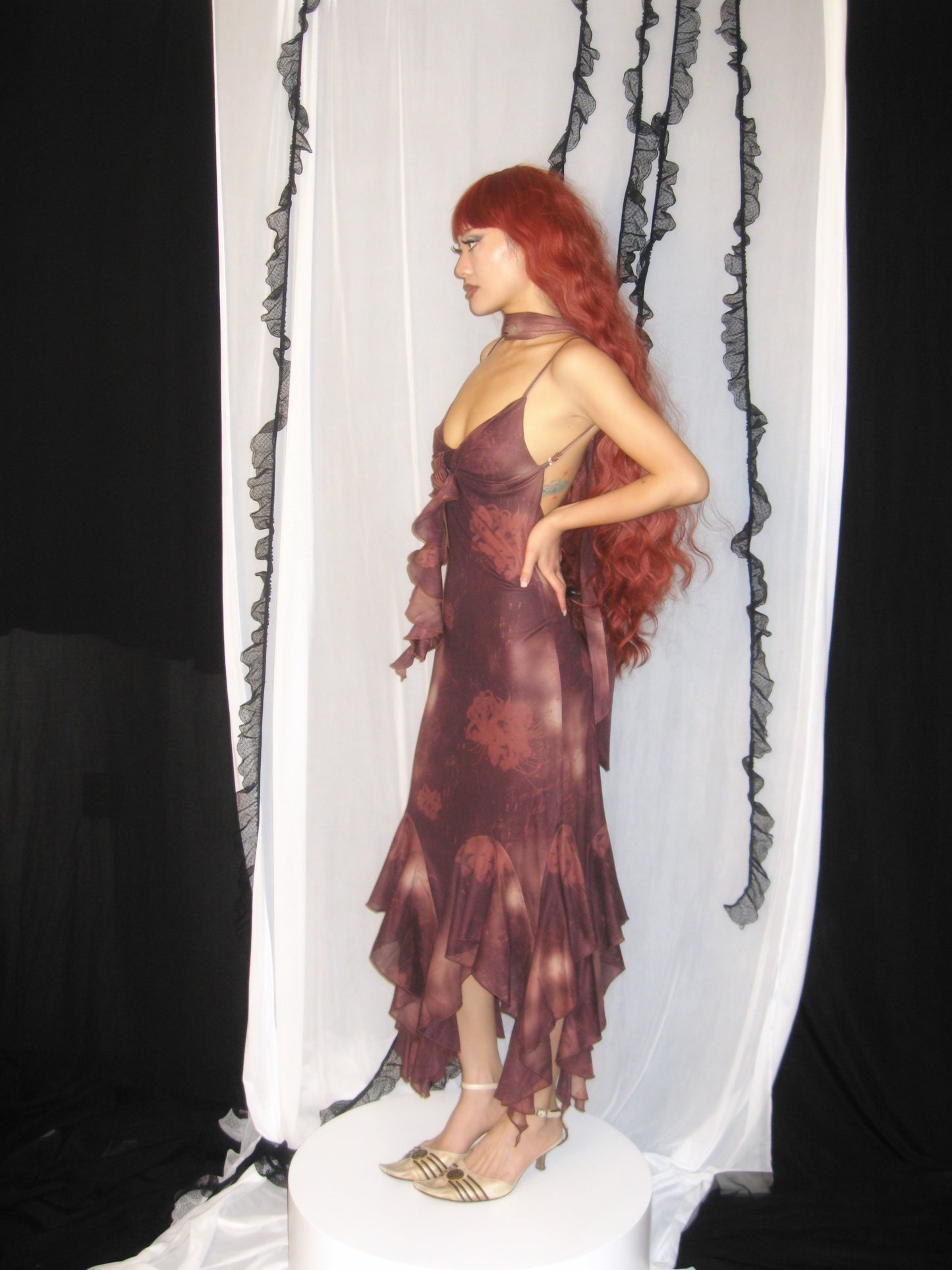 Mesh Floral Brooch Cami Dress & Scarf