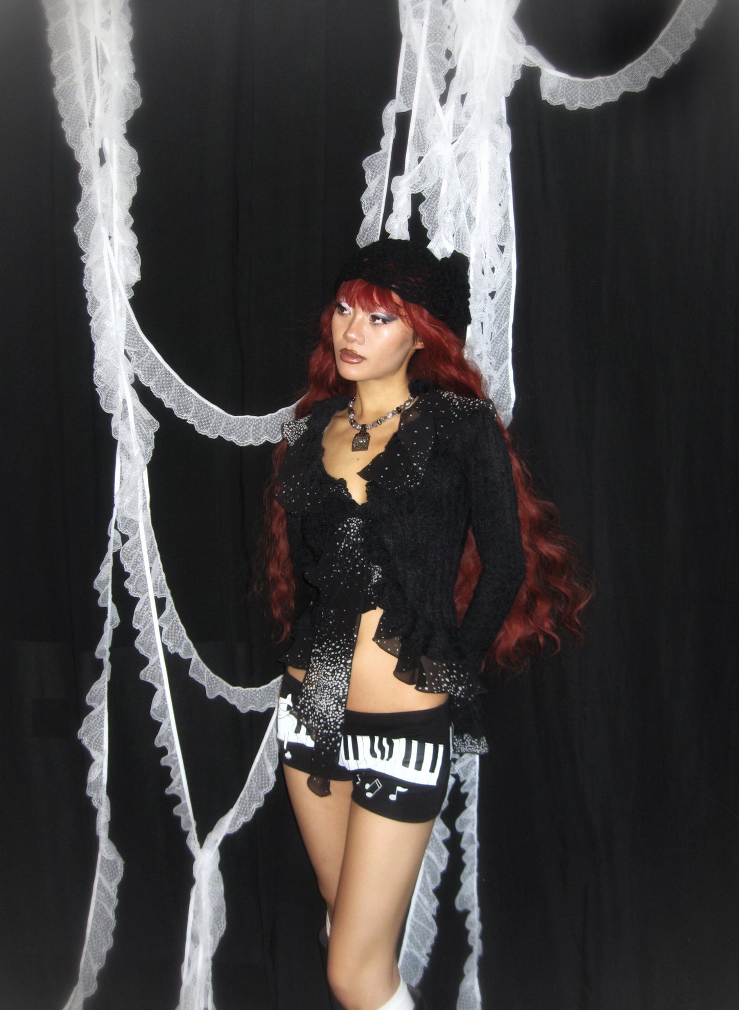 Black Ruffled Knit Cardigan