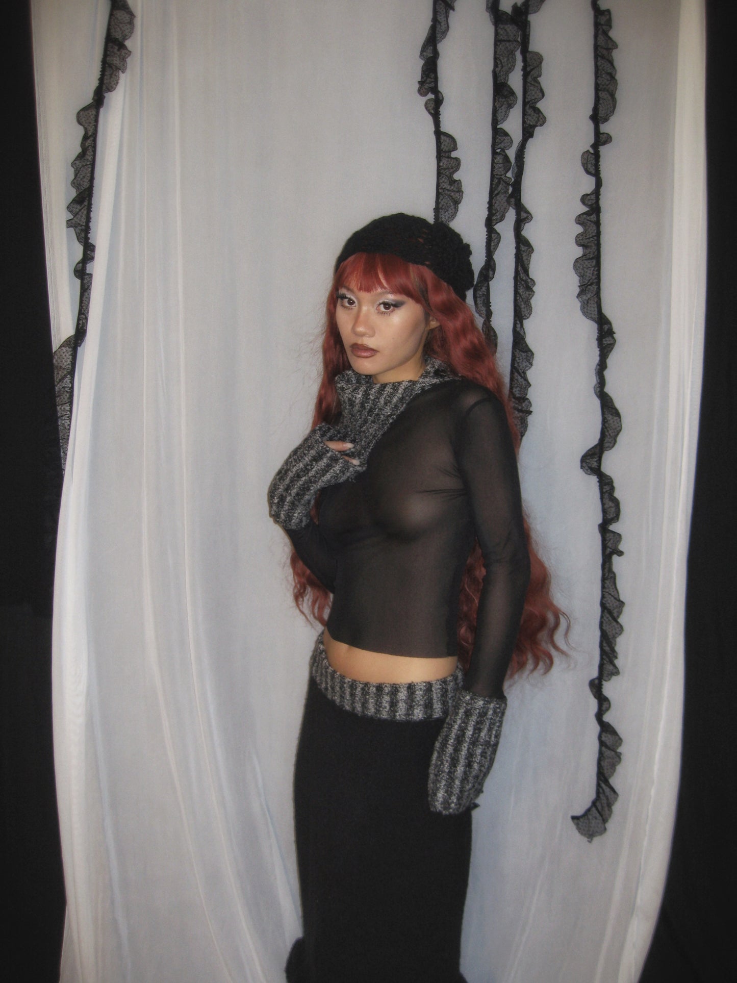 Black Knit Patchwork Mesh Long Sleeve Top