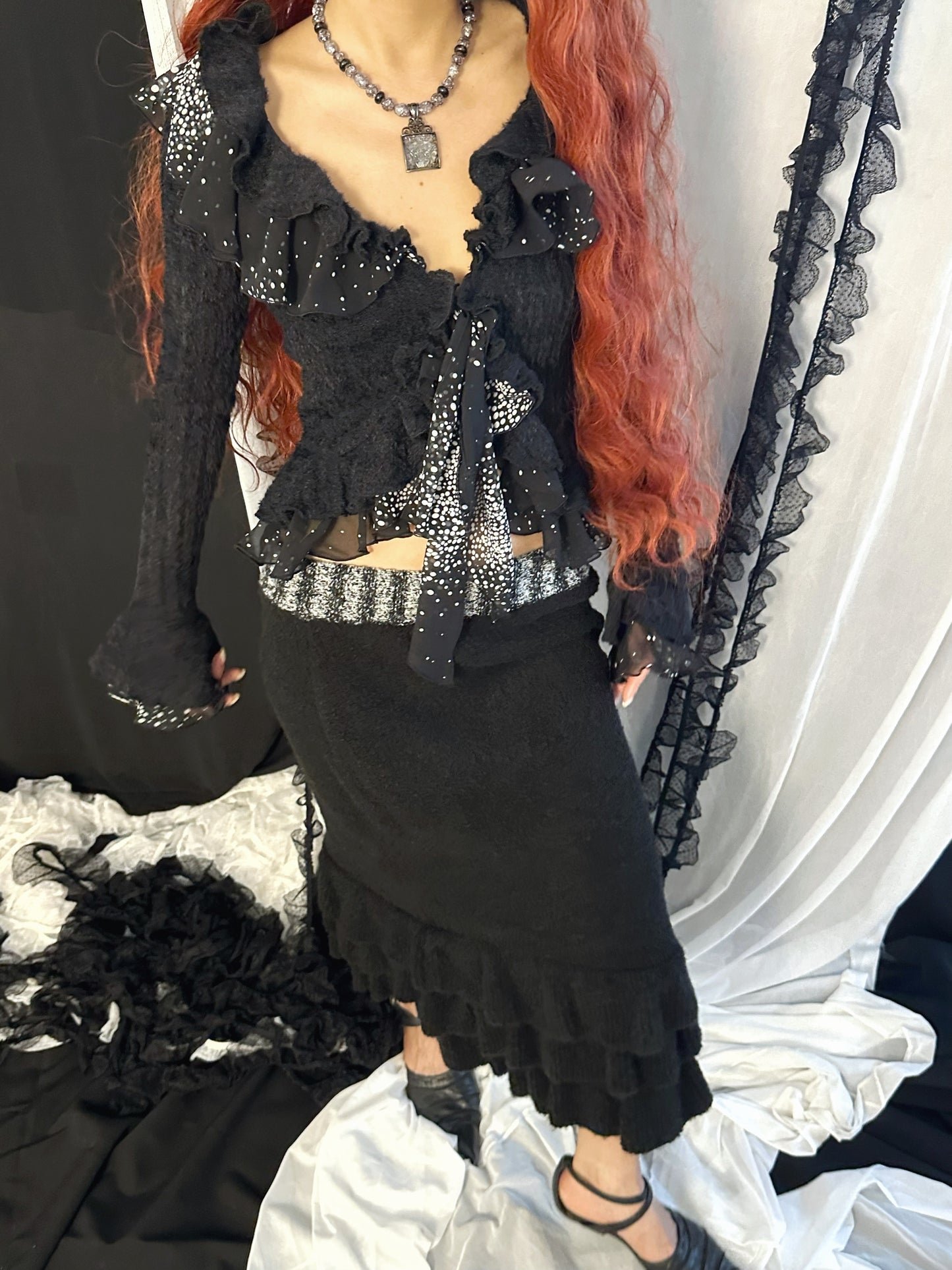 Black Ruffled Knit Cardigan
