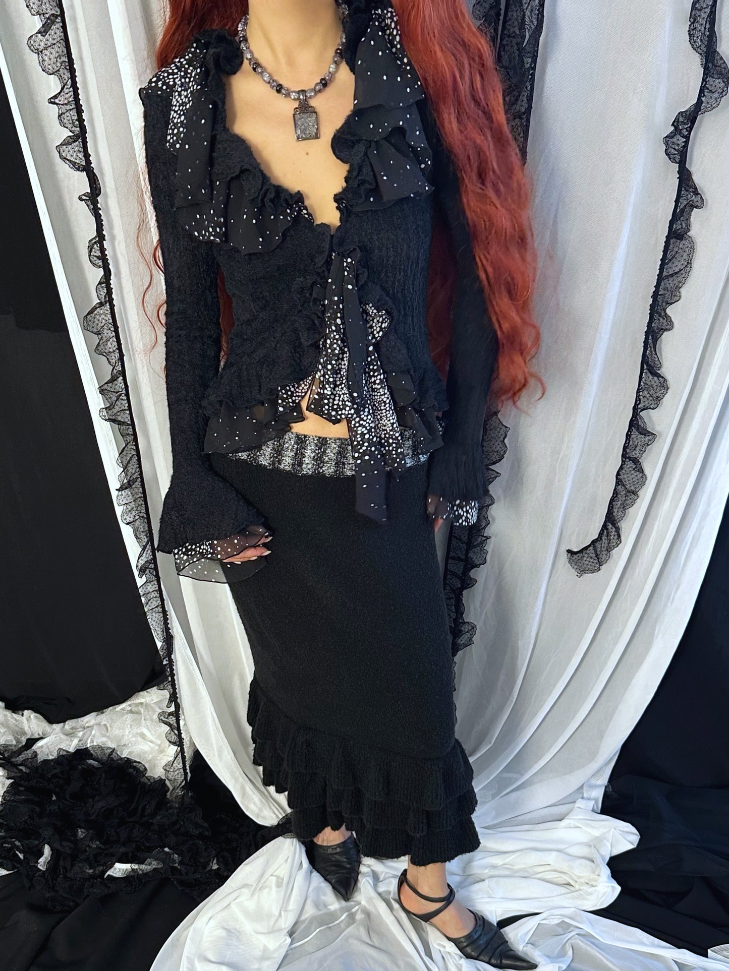 Black Ruffled Knit Cardigan