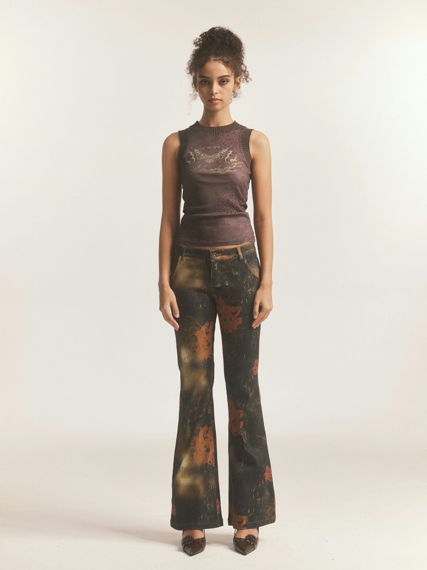 Black Floral Leopard Print Flare Jeans