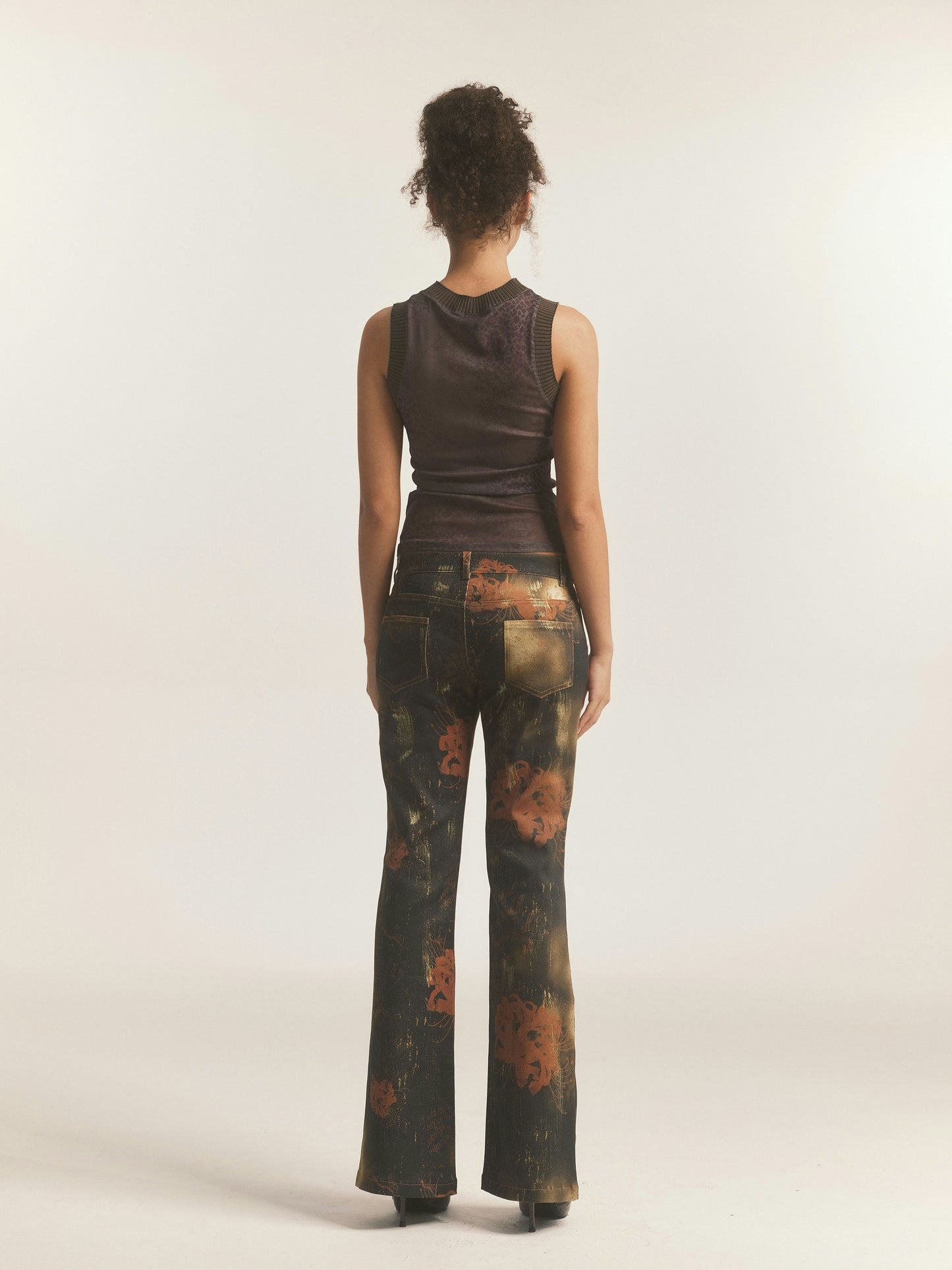 Black Floral Leopard Print Flare Jeans