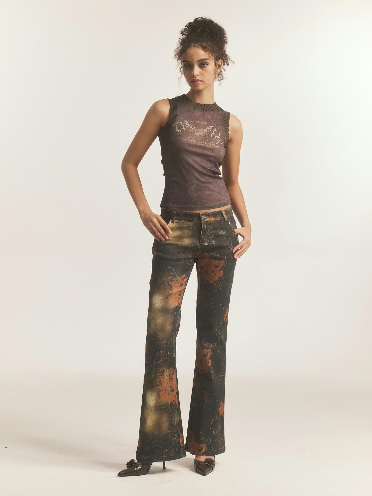 Black Floral Leopard Print Flare Jeans