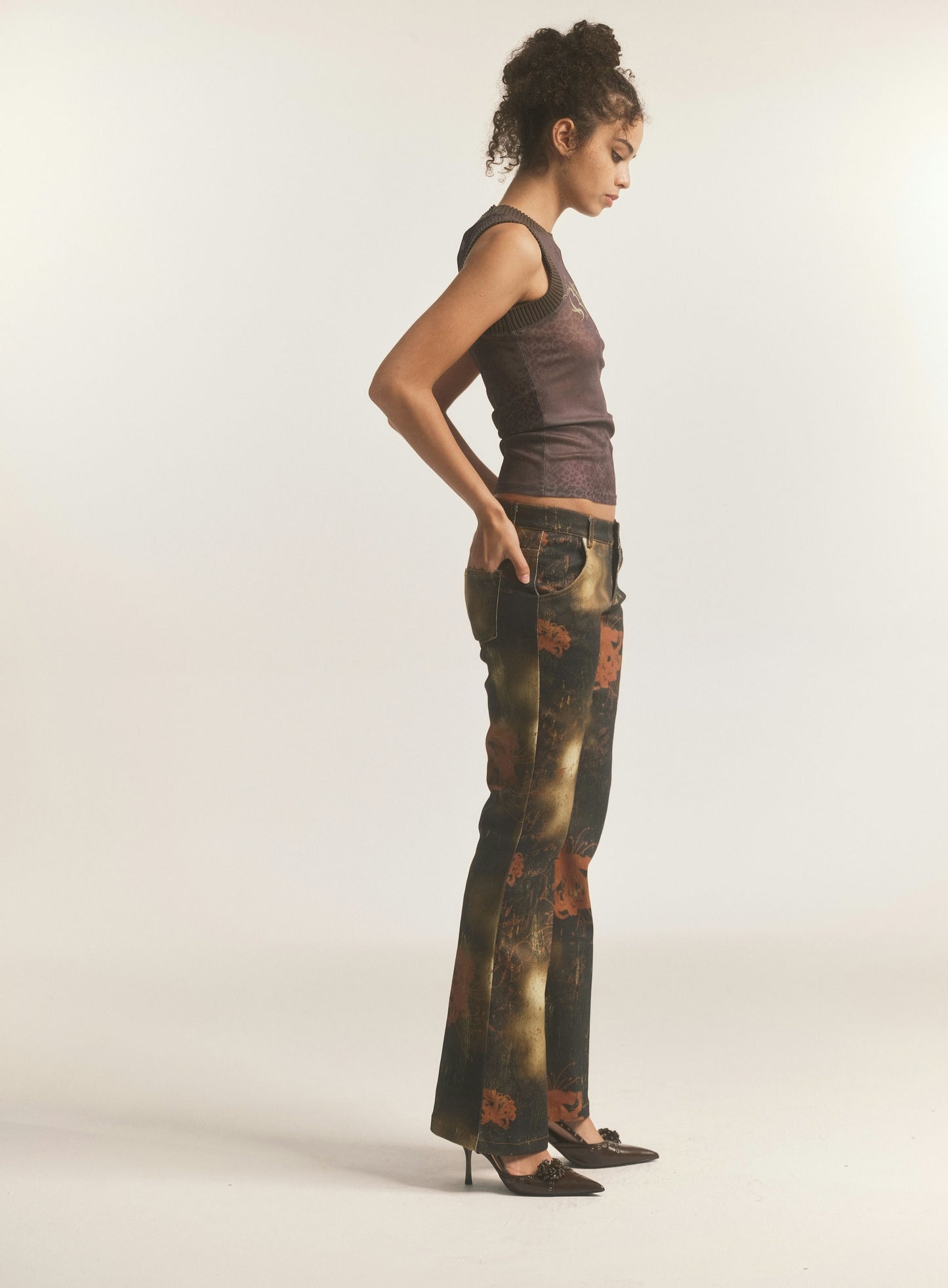 Black Floral Leopard Print Flare Jeans