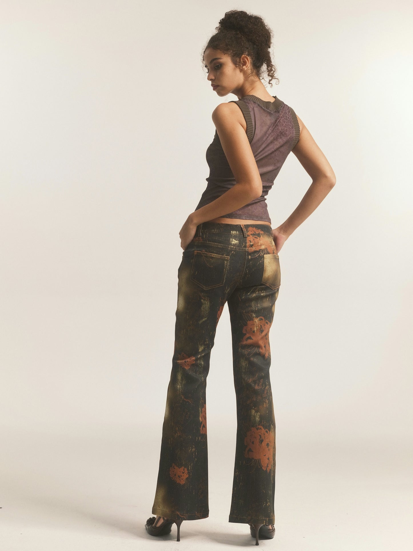 Black Floral Leopard Print Flare Jeans