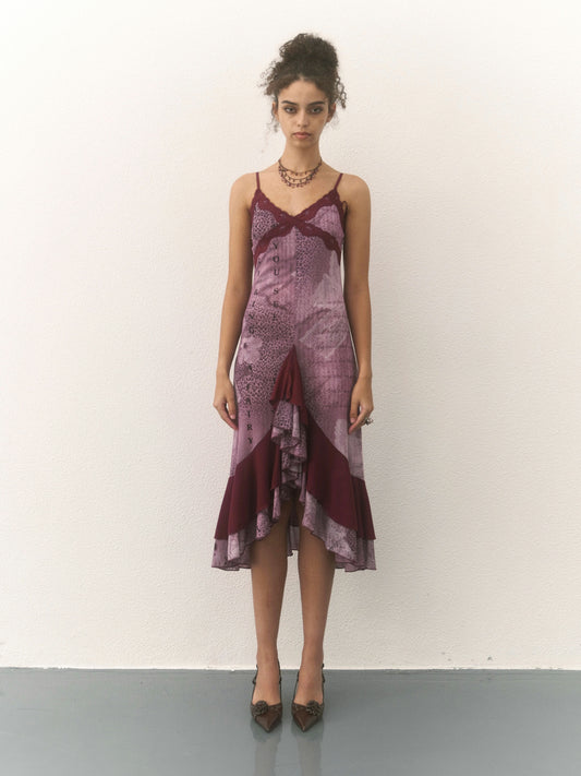 Purple Floral Patterned Lace Mesh Dress