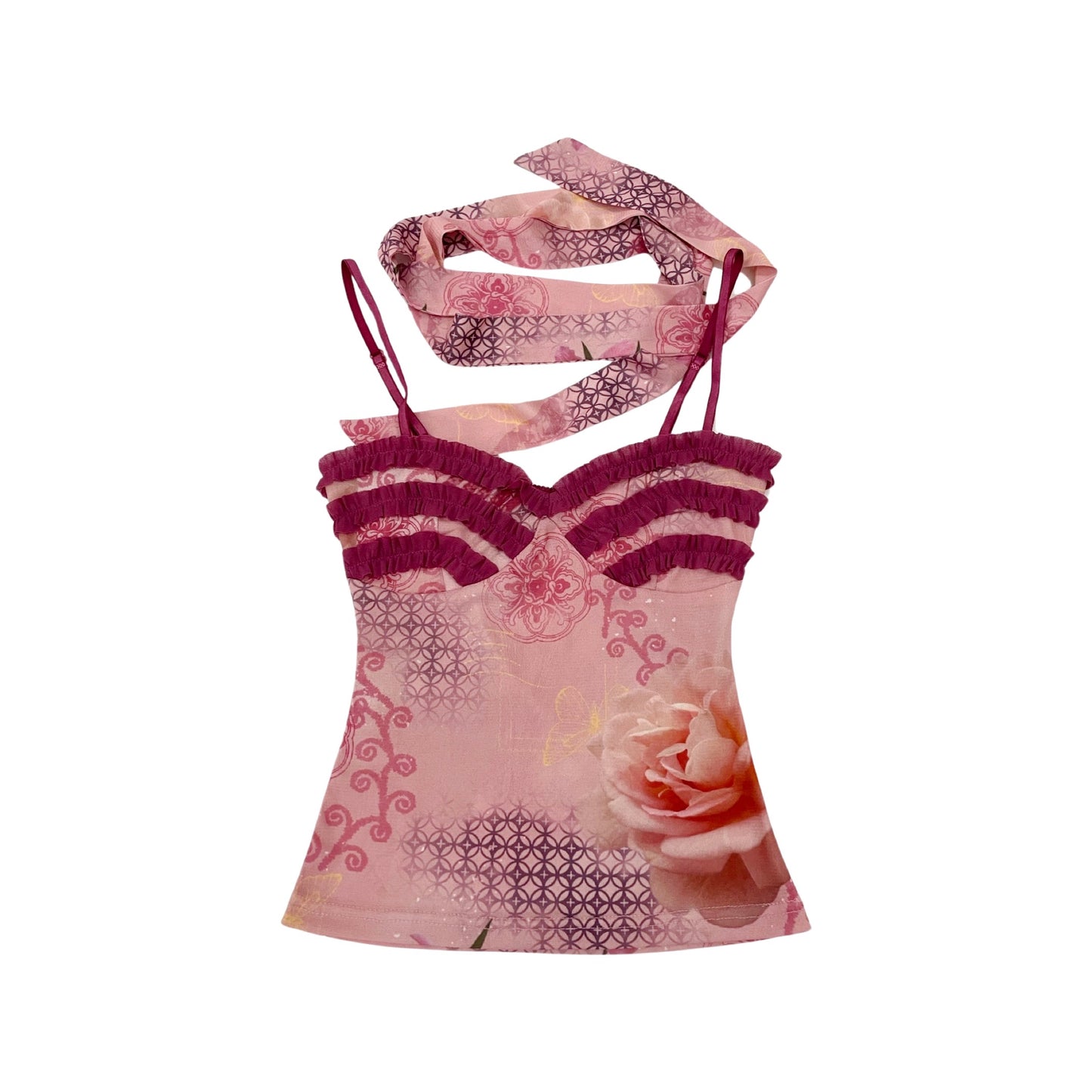 Pink Floral Print Mesh Cami & Scarf + Mermaid Skirt