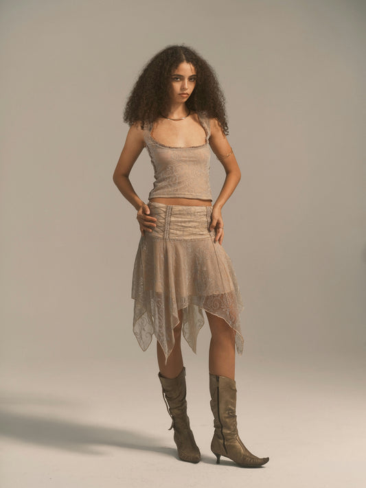 Glittery Tank & Lace Up Low Waisted Pixie Skirt