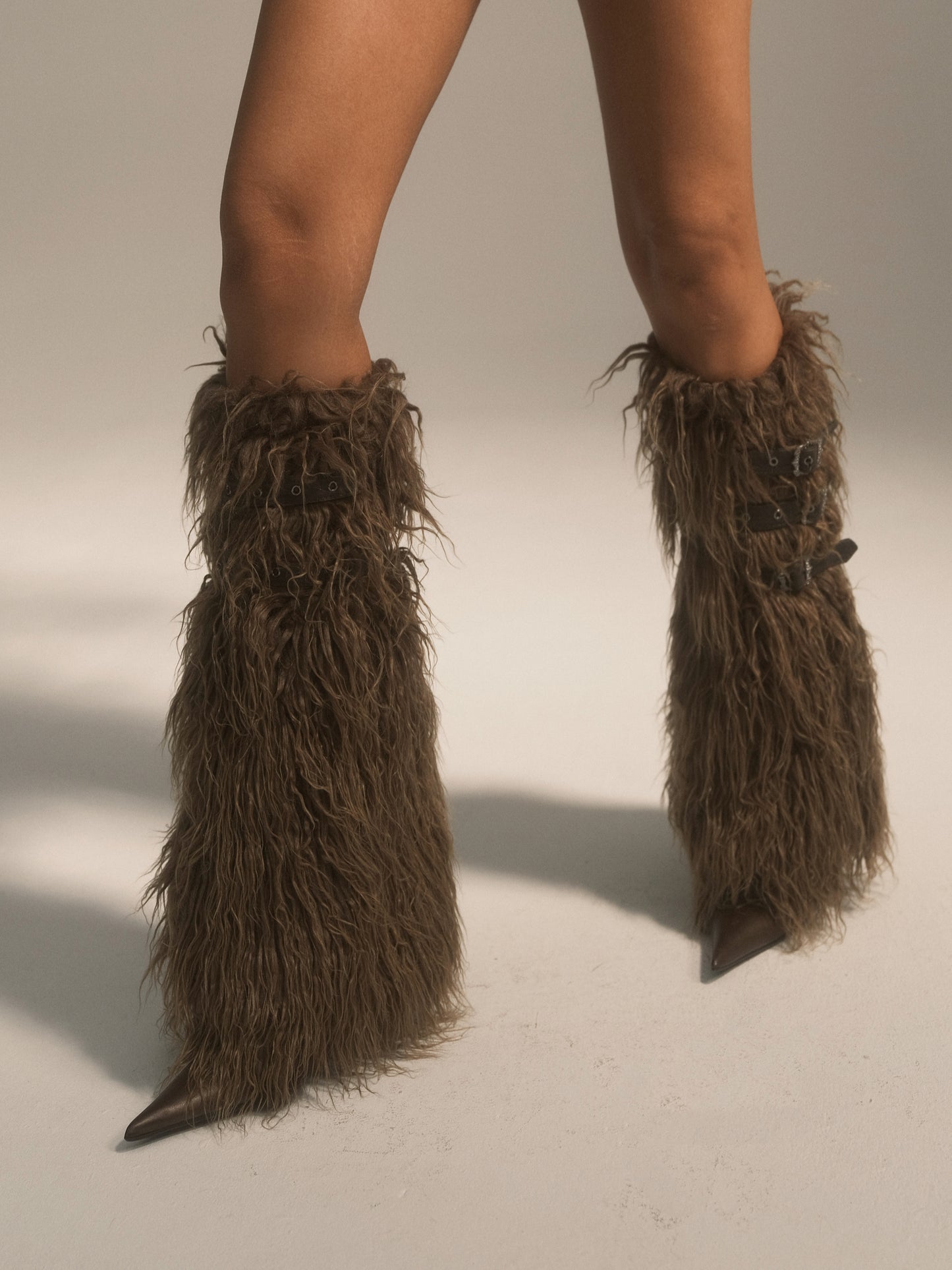Navy Green Buckled Faux Fur Leg Warmers