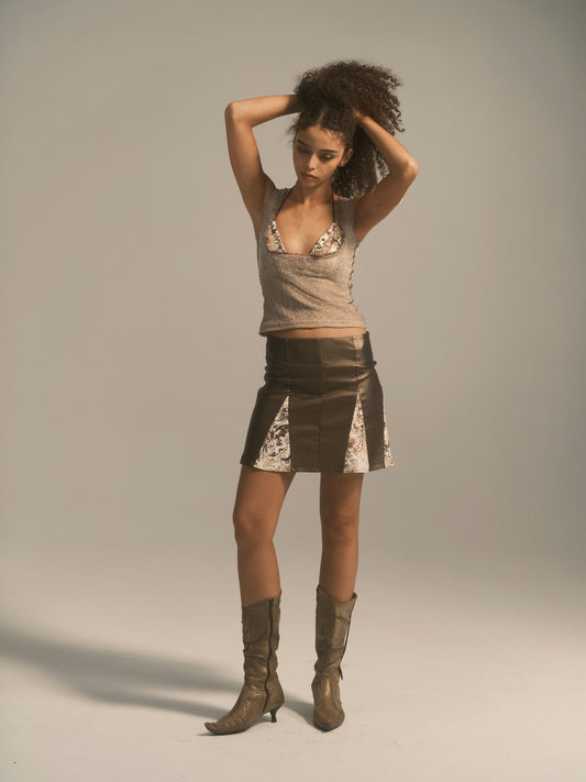 Brown Metallic Faux Leather Patchwork Low Waisted Mini Skirt