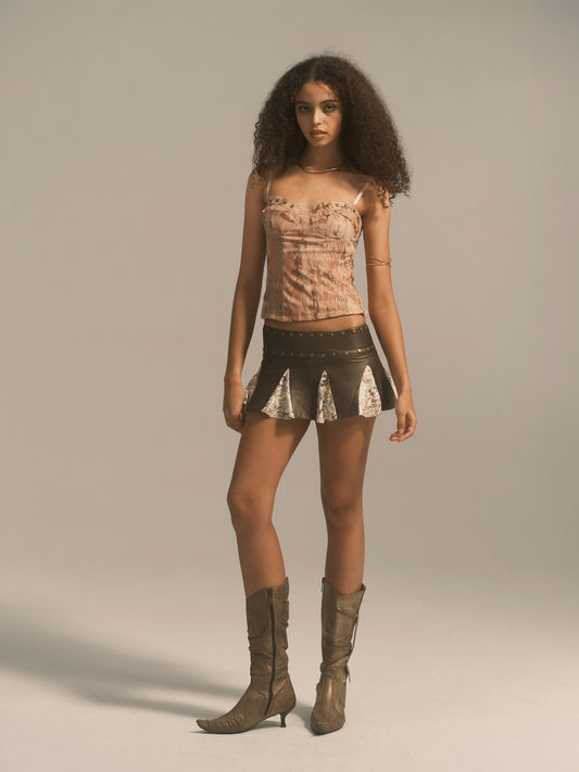 Brown Metallic Patchwork Low Waisted Micro Skort
