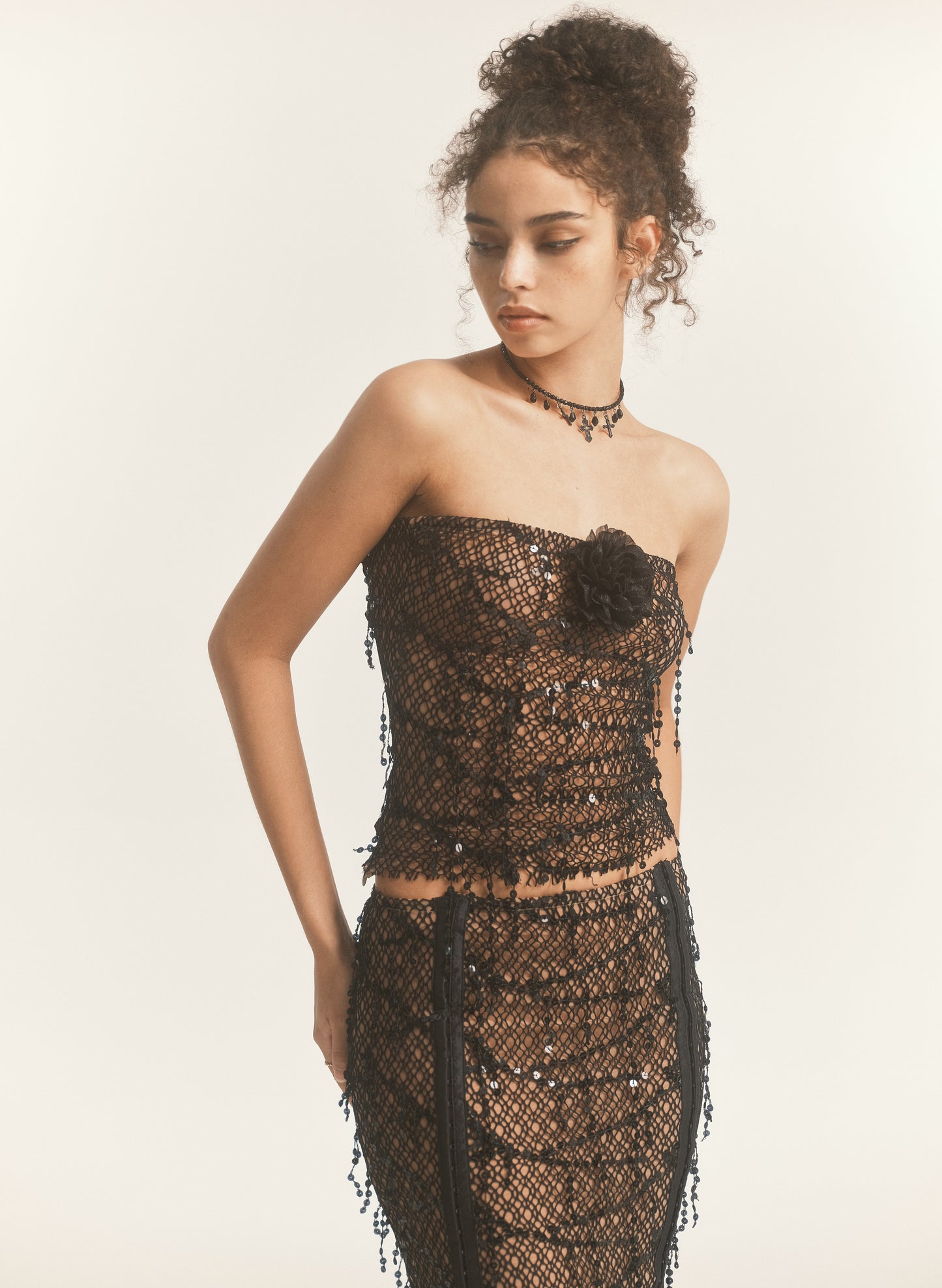 Black Sequin Fishnet Lace Up Tube Top & Skirt