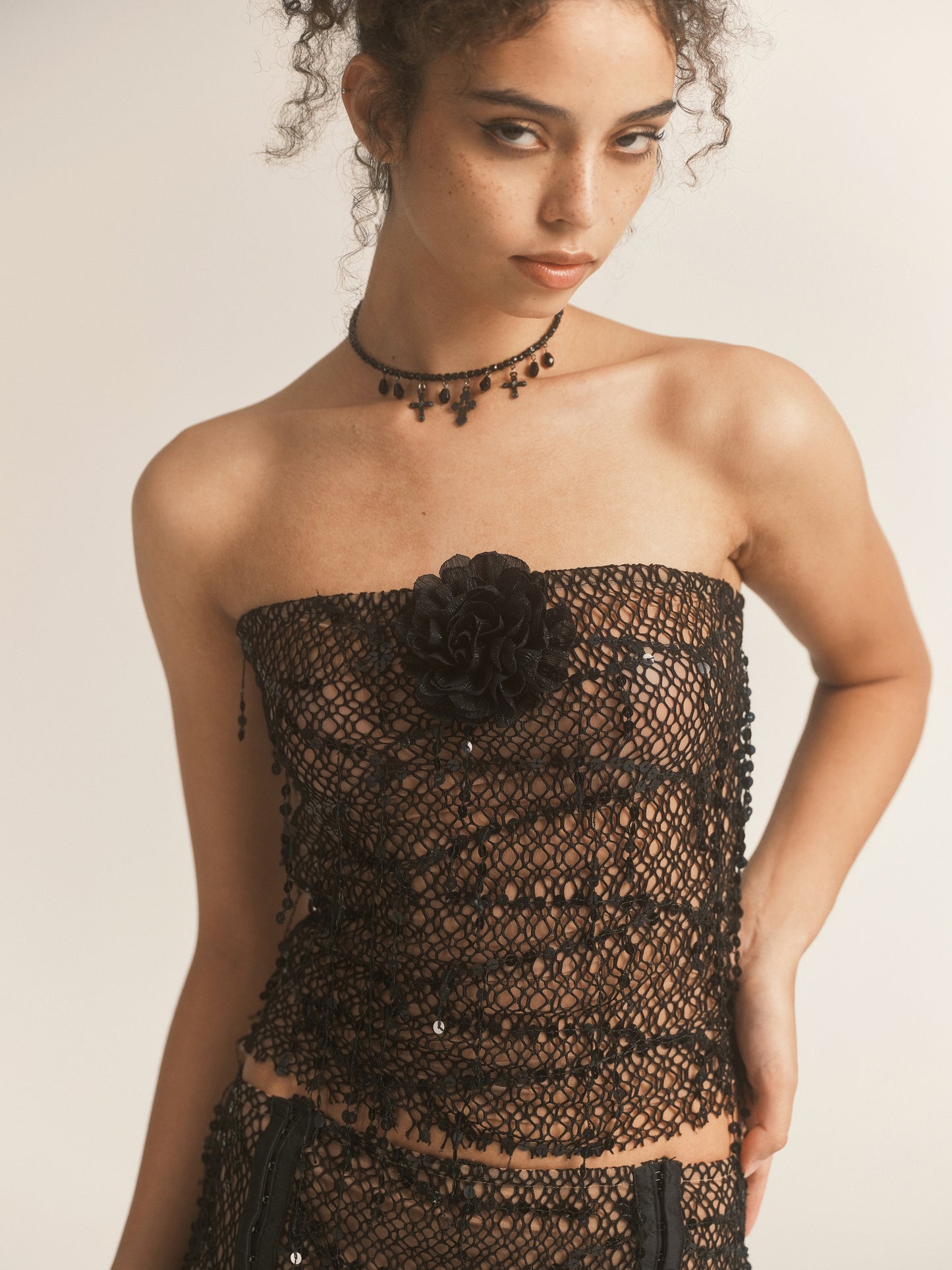 Black Sequin Fishnet Lace Up Tube Top & Skirt
