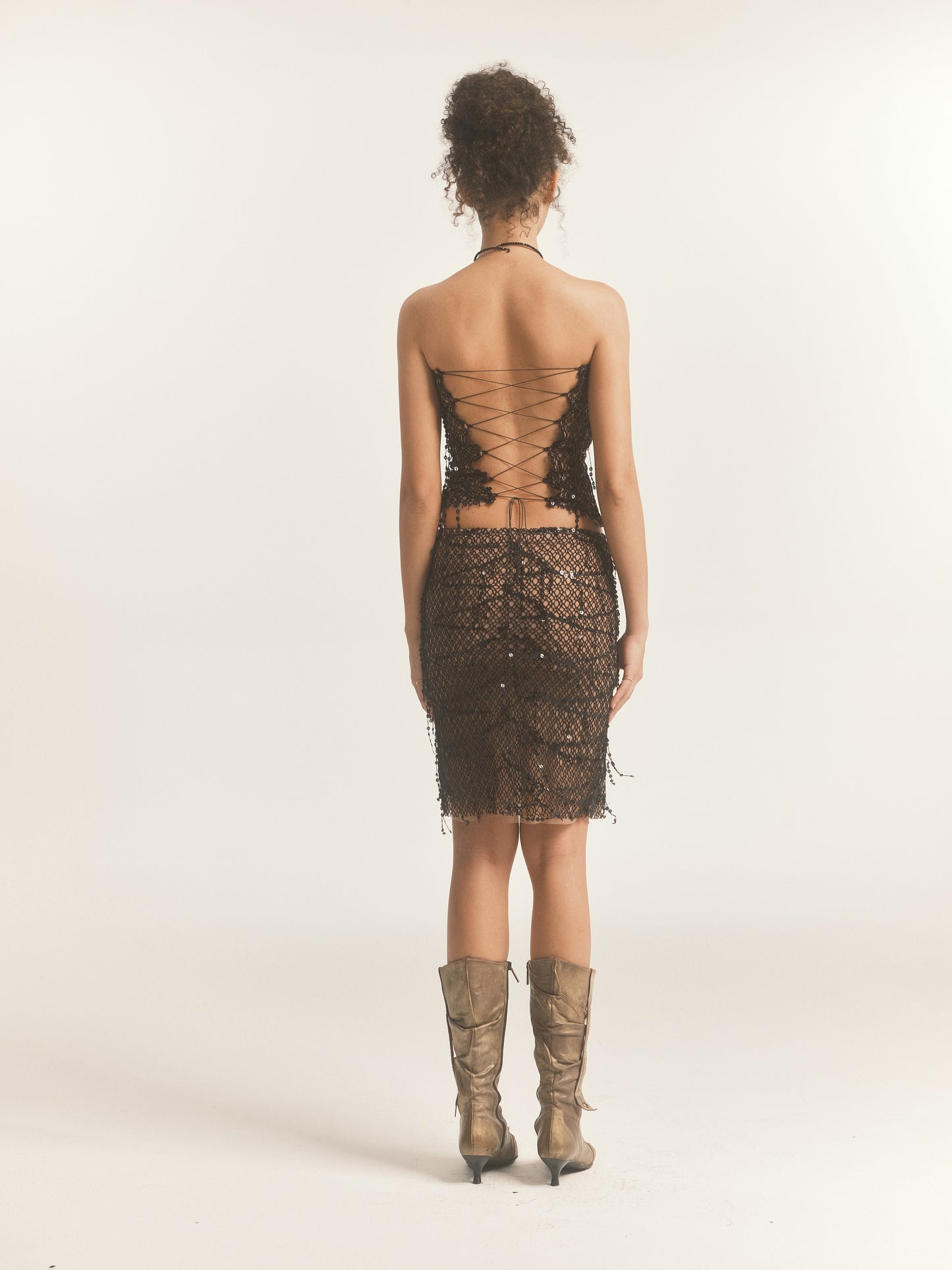 Black Sequin Fishnet Lace Up Tube Top & Skirt