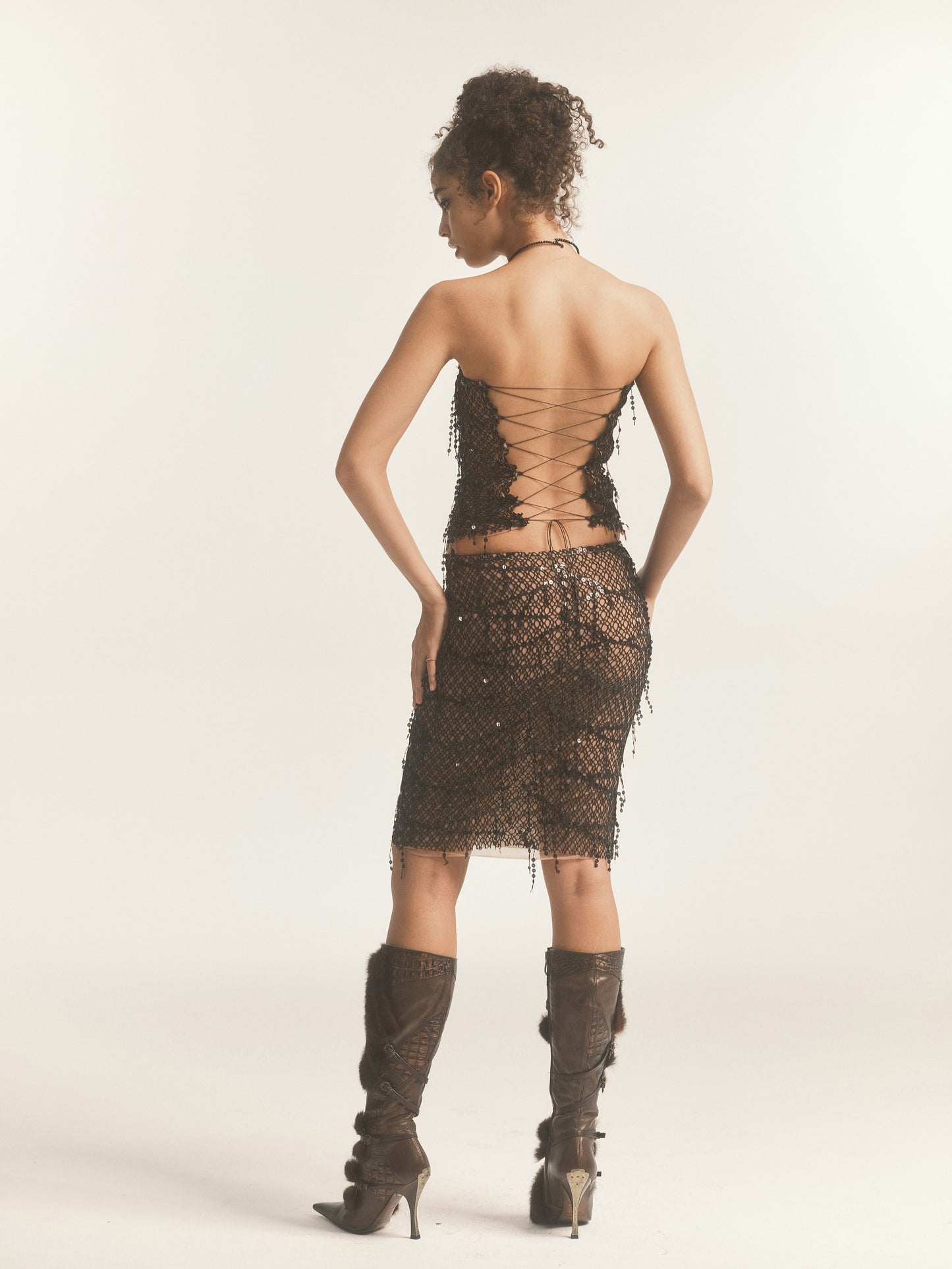 Black Sequin Fishnet Lace Up Tube Top & Skirt