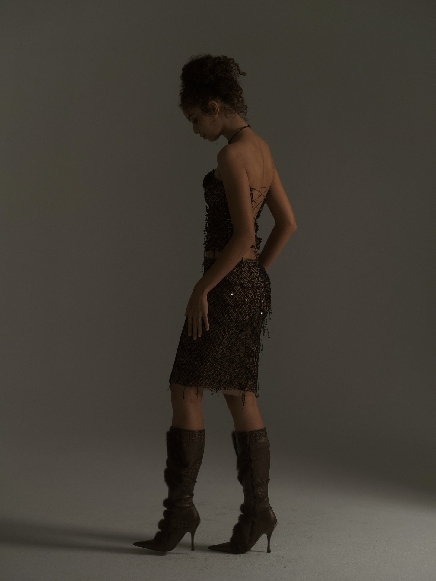 Black Sequin Fishnet Lace Up Tube Top & Skirt