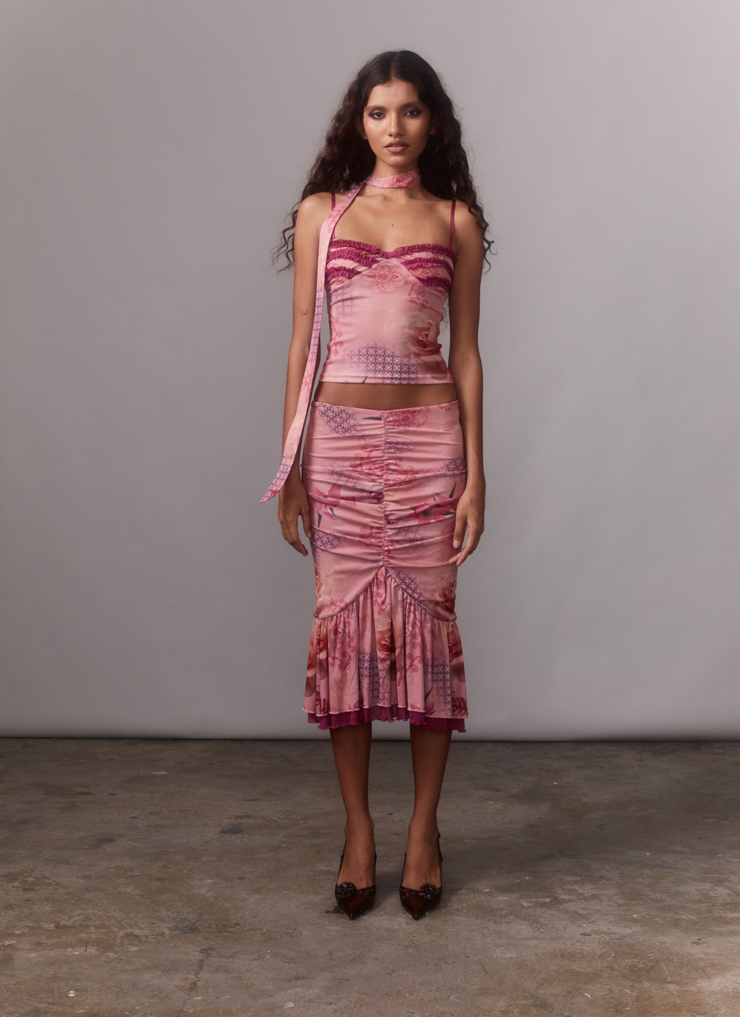 Pink Floral Print Mesh Cami & Scarf + Mermaid Skirt
