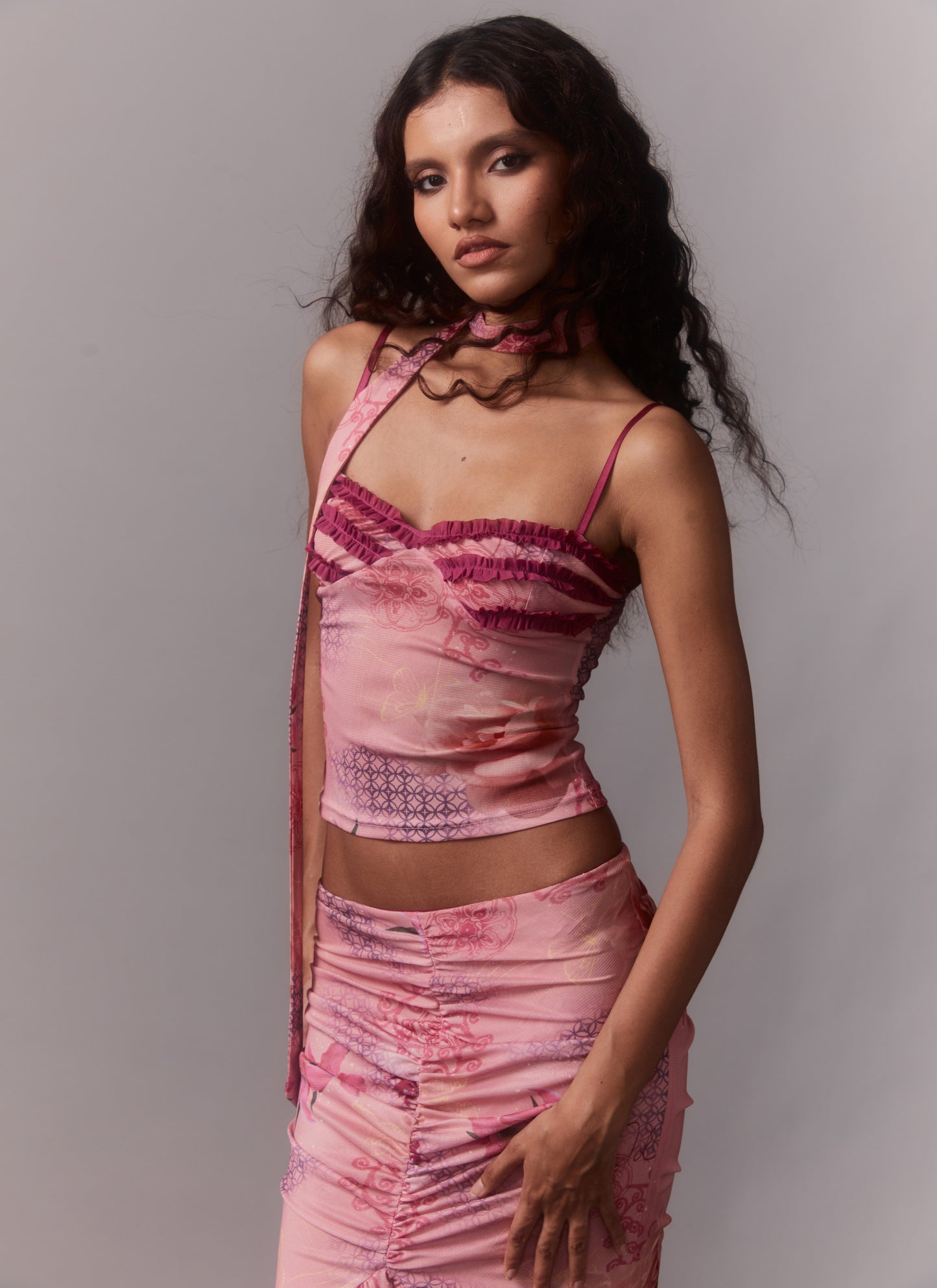 Pink Floral Print Mesh Cami & Scarf + Mermaid Skirt