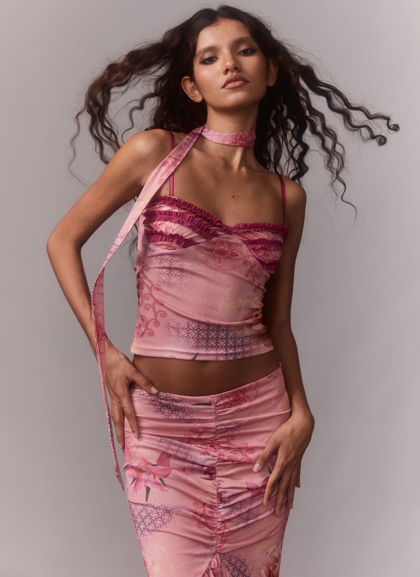 Pink Floral Print Mesh Cami & Scarf + Mermaid Skirt