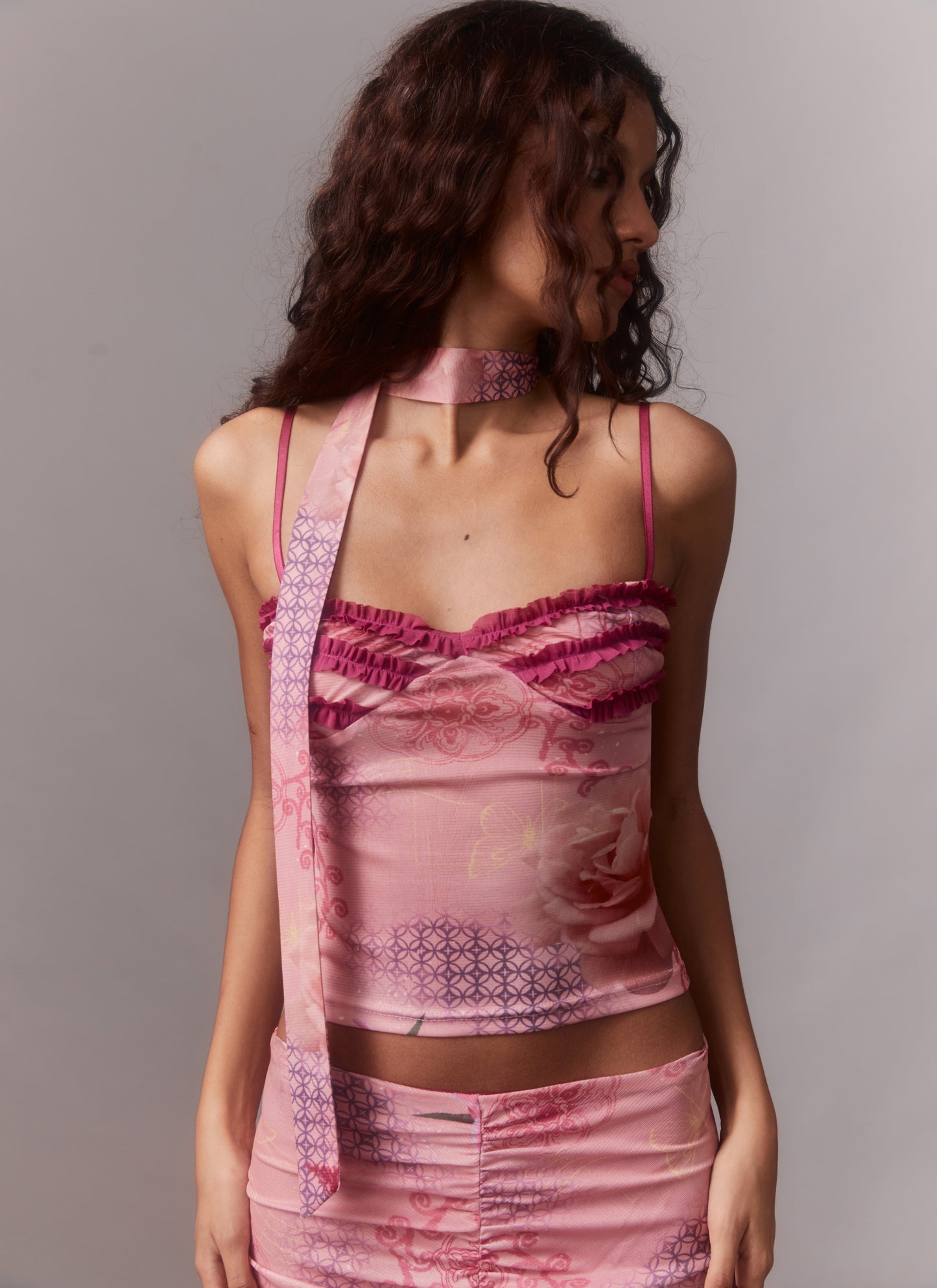Pink Floral Print Mesh Cami & Scarf + Mermaid Skirt
