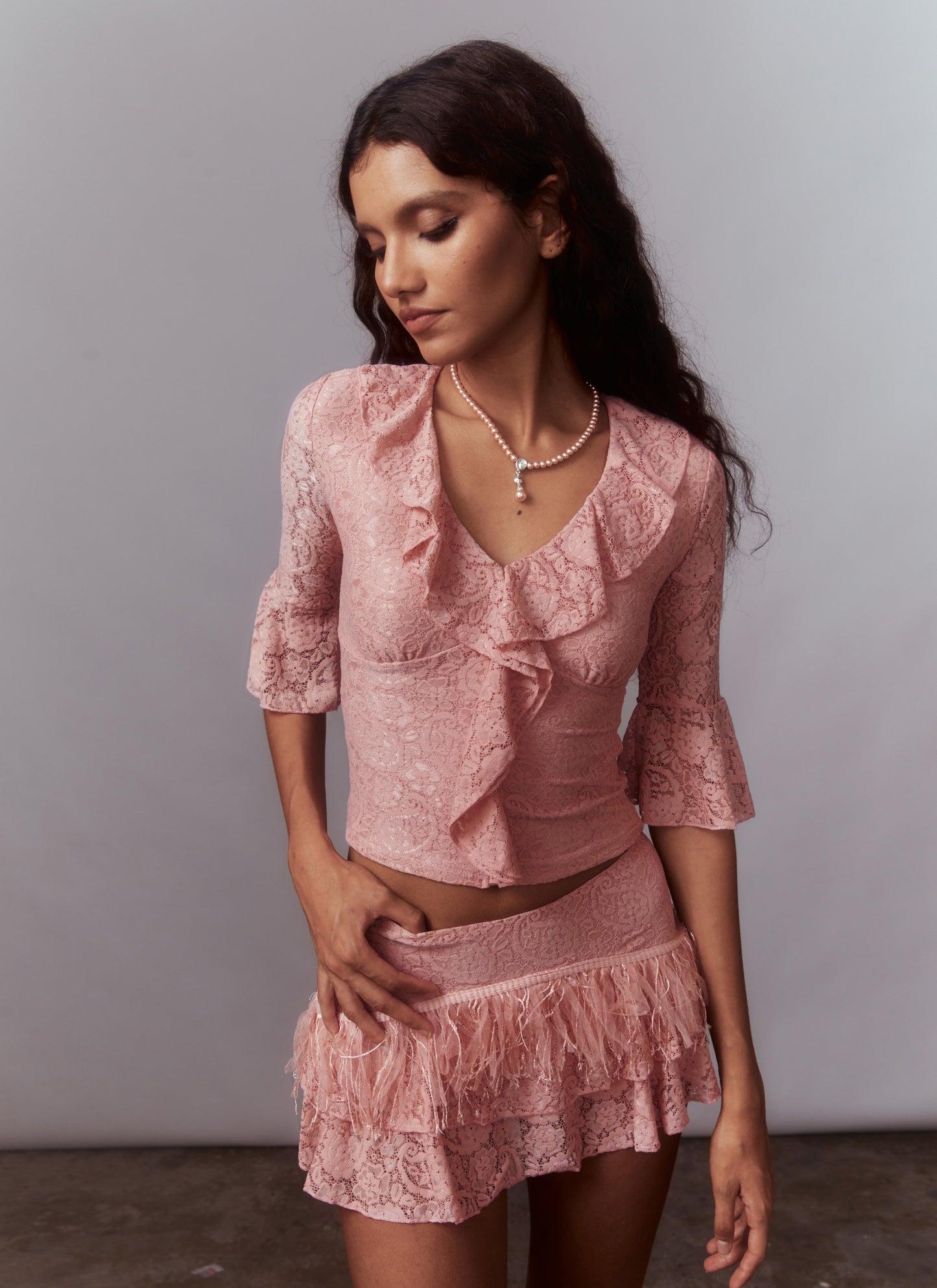 Pink Lace Ruffle Collar Top & Mirco Mini Skort