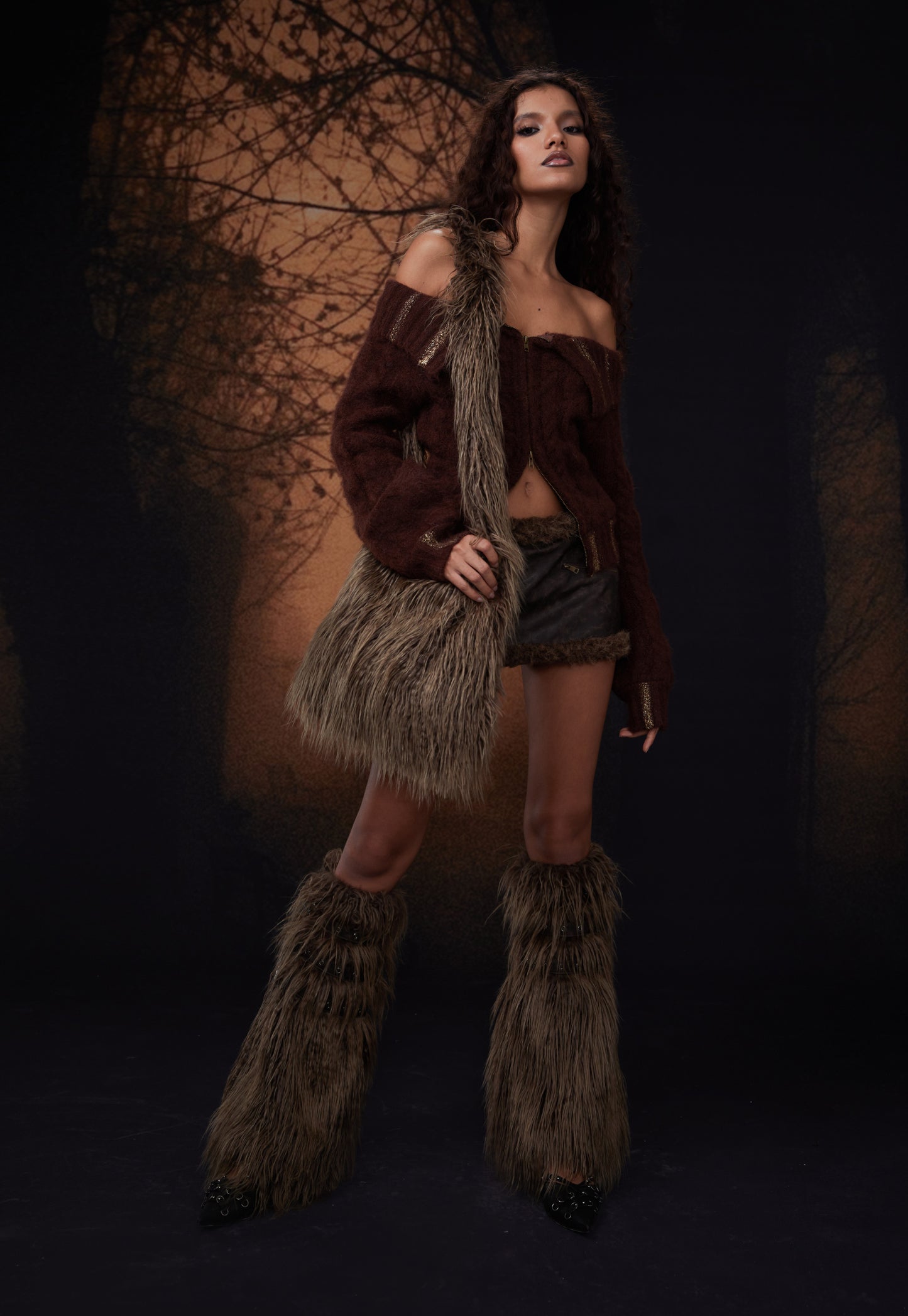 Navy Green Buckled Faux Fur Leg Warmers