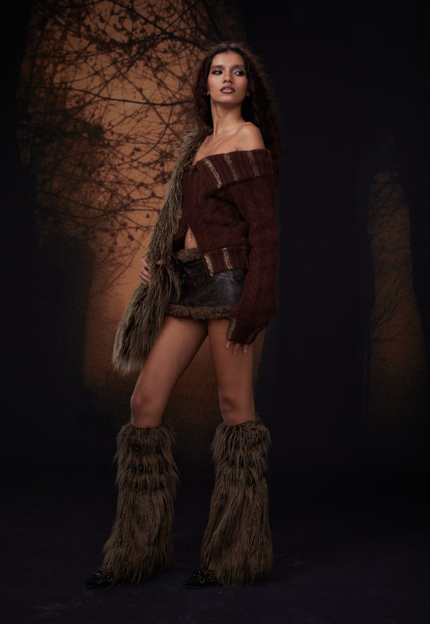 Navy Green Buckled Faux Fur Leg Warmers