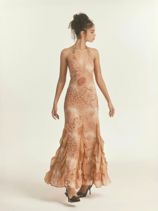 Leopard Print Mesh Halter Maxi Dress