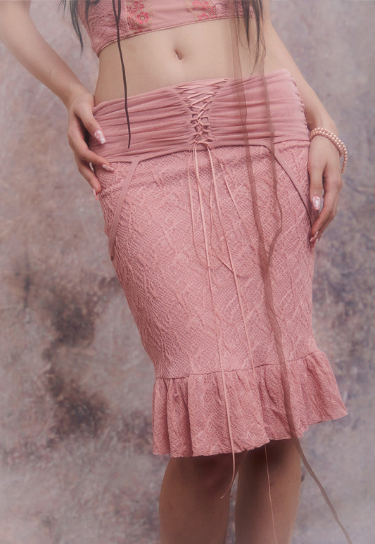 Pink Lace-up Mesh Midi Skirt