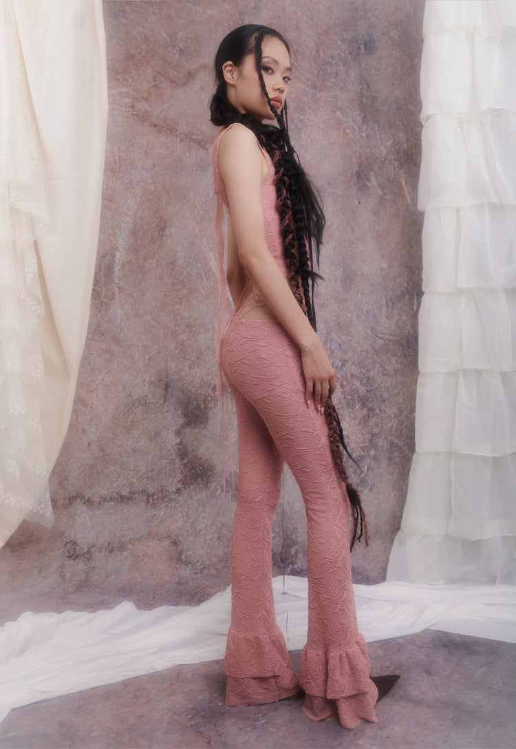 Pink Lace Low Rise Flare Trousers