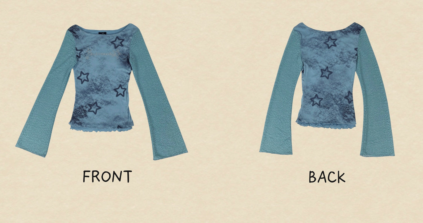 Blue Star Print Diamante Lace Mesh Top