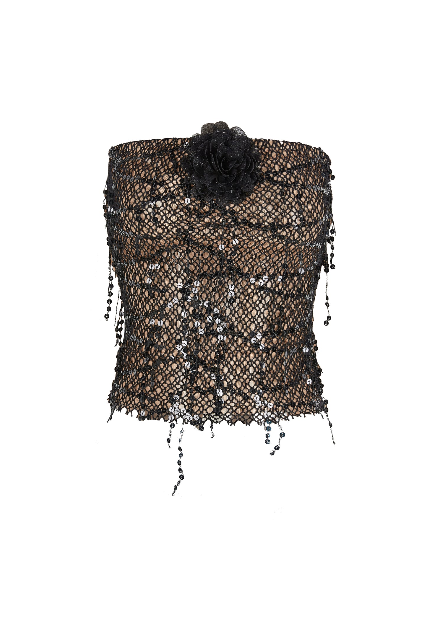 BLACK SEQUIN FISHNET LACE UP TUBE TOP & SKIRT