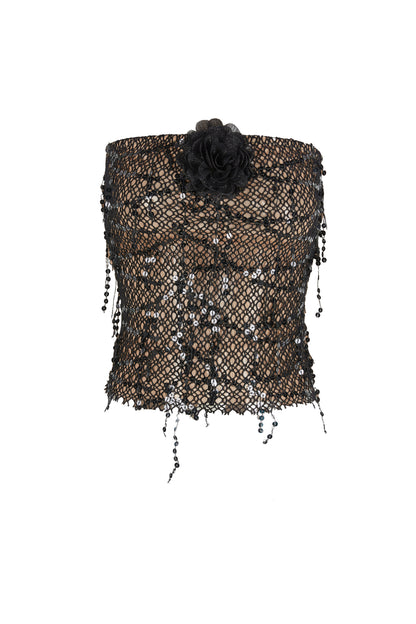 BLACK SEQUIN FISHNET LACE UP TUBE TOP & SKIRT