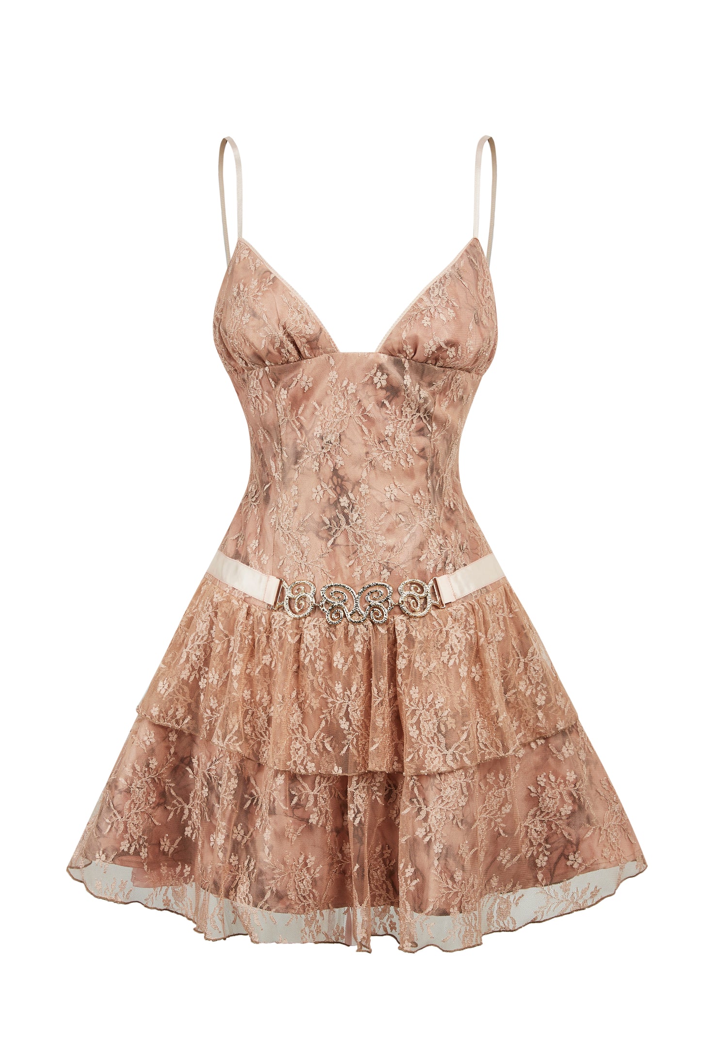 NUDE PINK LACE FLOUNCE CAMI DRESS