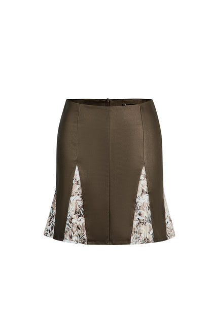 BROWN METALLIC FAUX LEATHER PATCHWORK LOW WAISTED MINI SKIRT