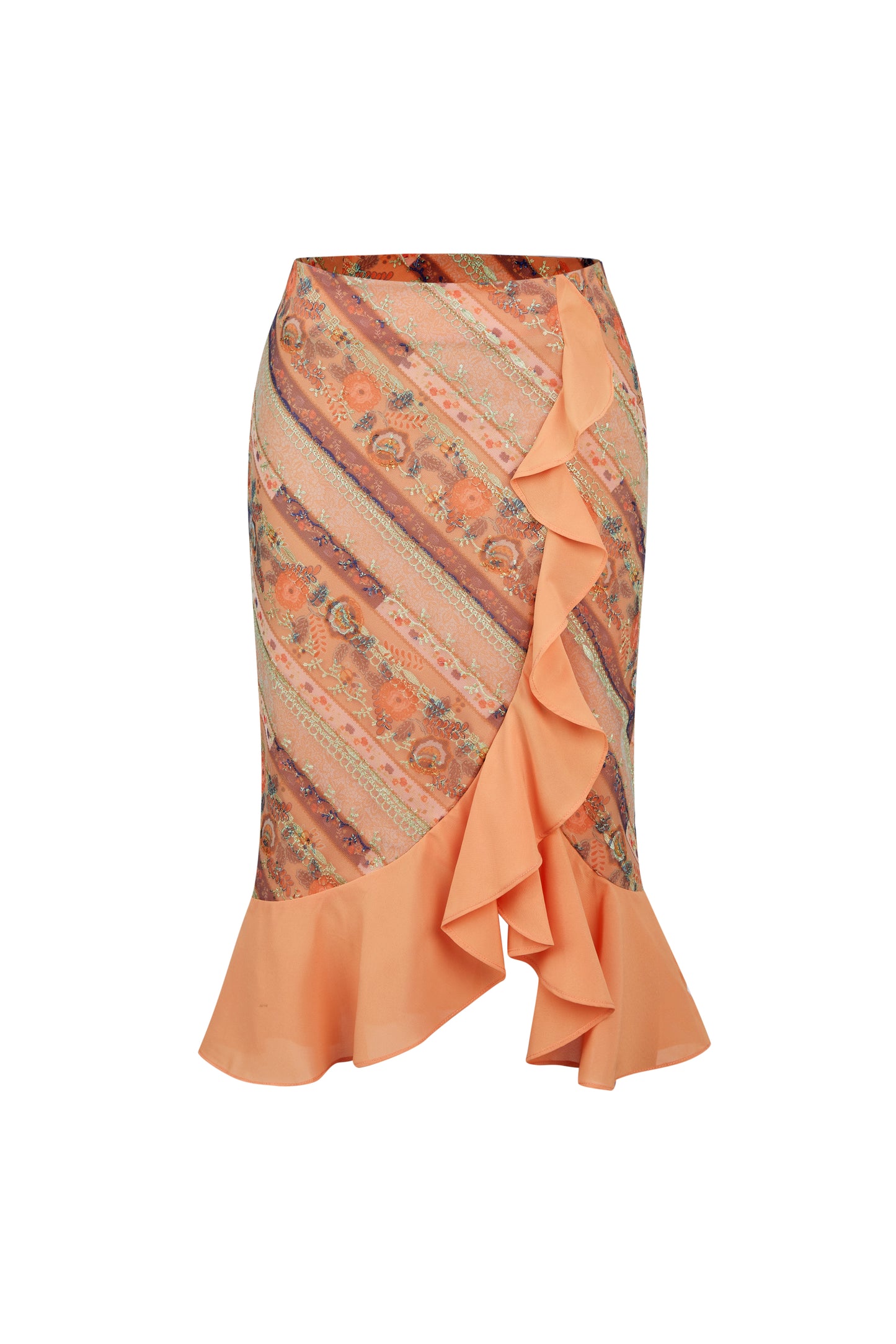 ORANGE RUFFLE FLORAL PATTERN CAMI TOP & SKIRT