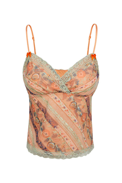 ORANGE RUFFLE FLORAL PATTERN CAMI TOP & SKIRT