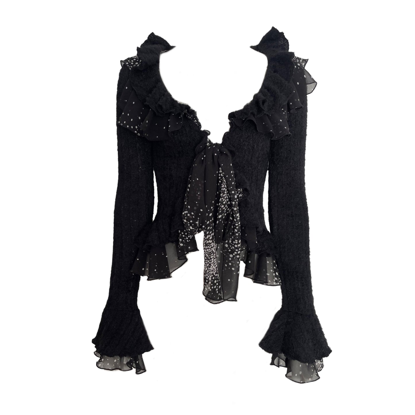 BLACK RUFFLED KNIT CARDIGAN