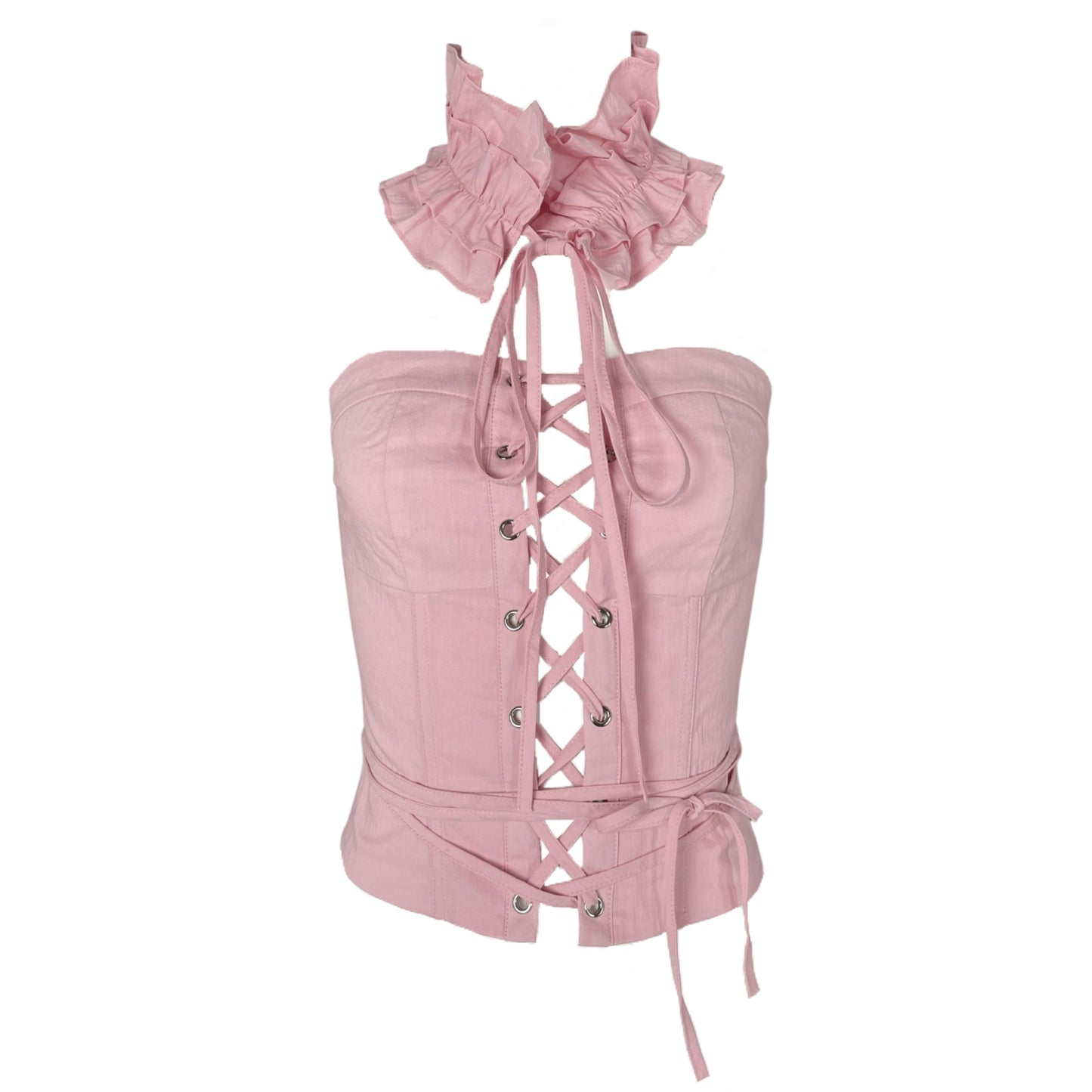 PINK CORSET TOP WITH RUFFLED CHOKER