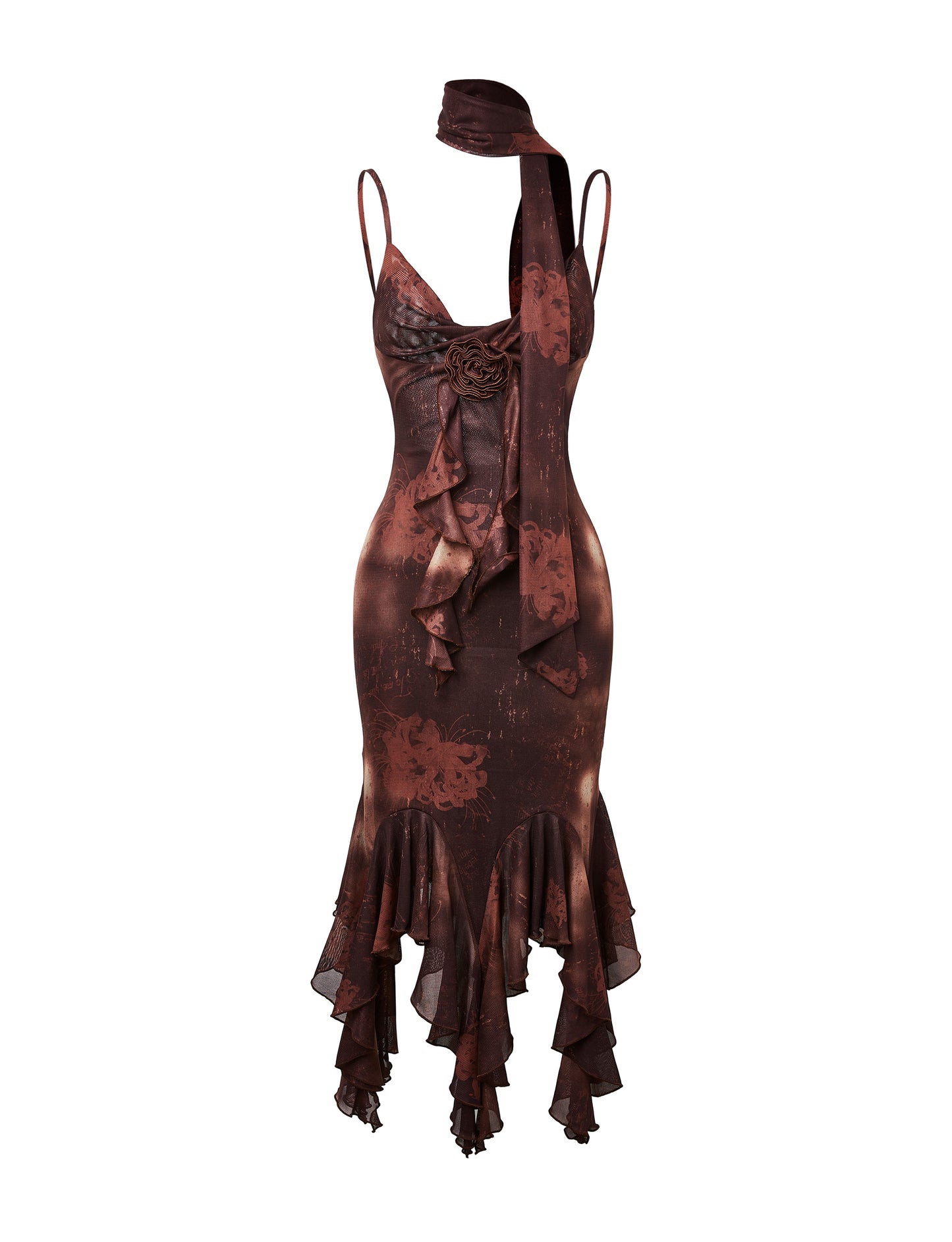 MESH FLORAL BROOCH CAMI DRESS & SCARF