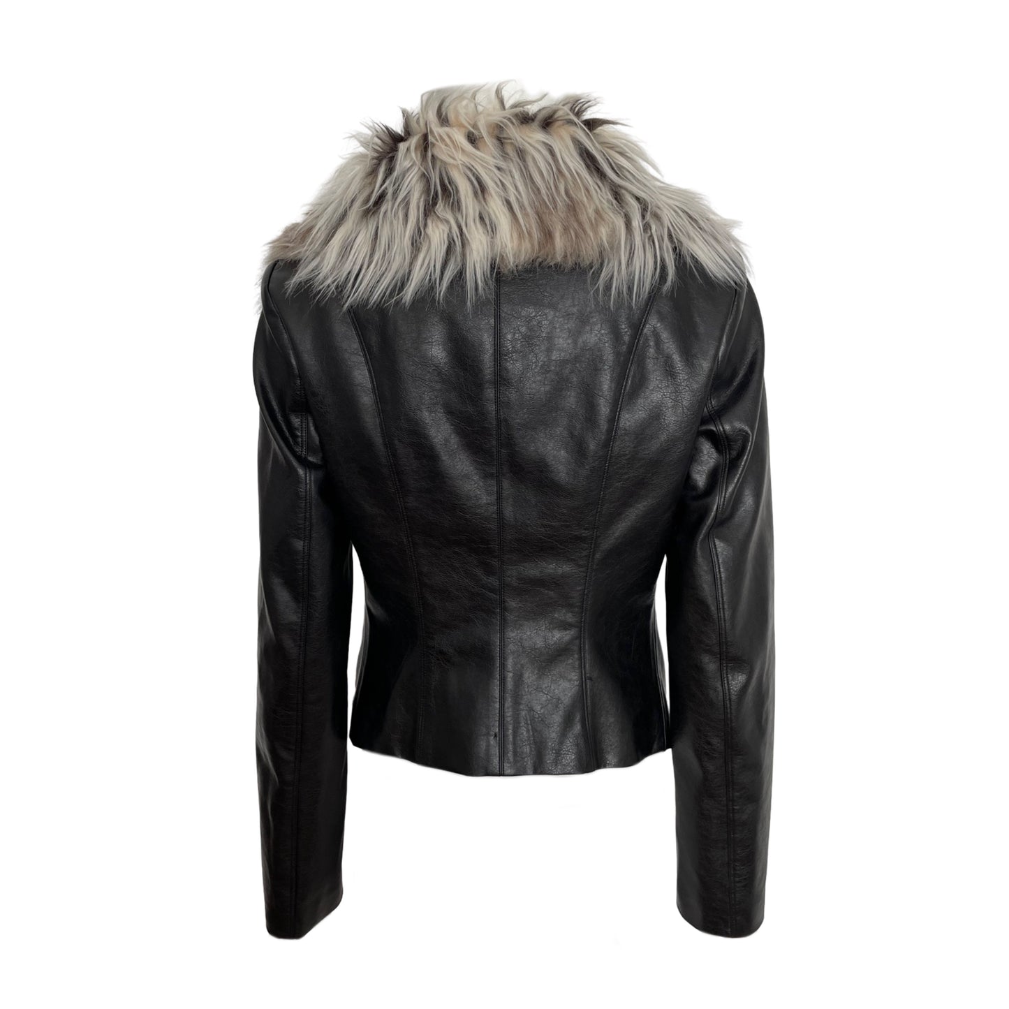 BLACK FUR COLLAR FAUX LEATHER JACKET