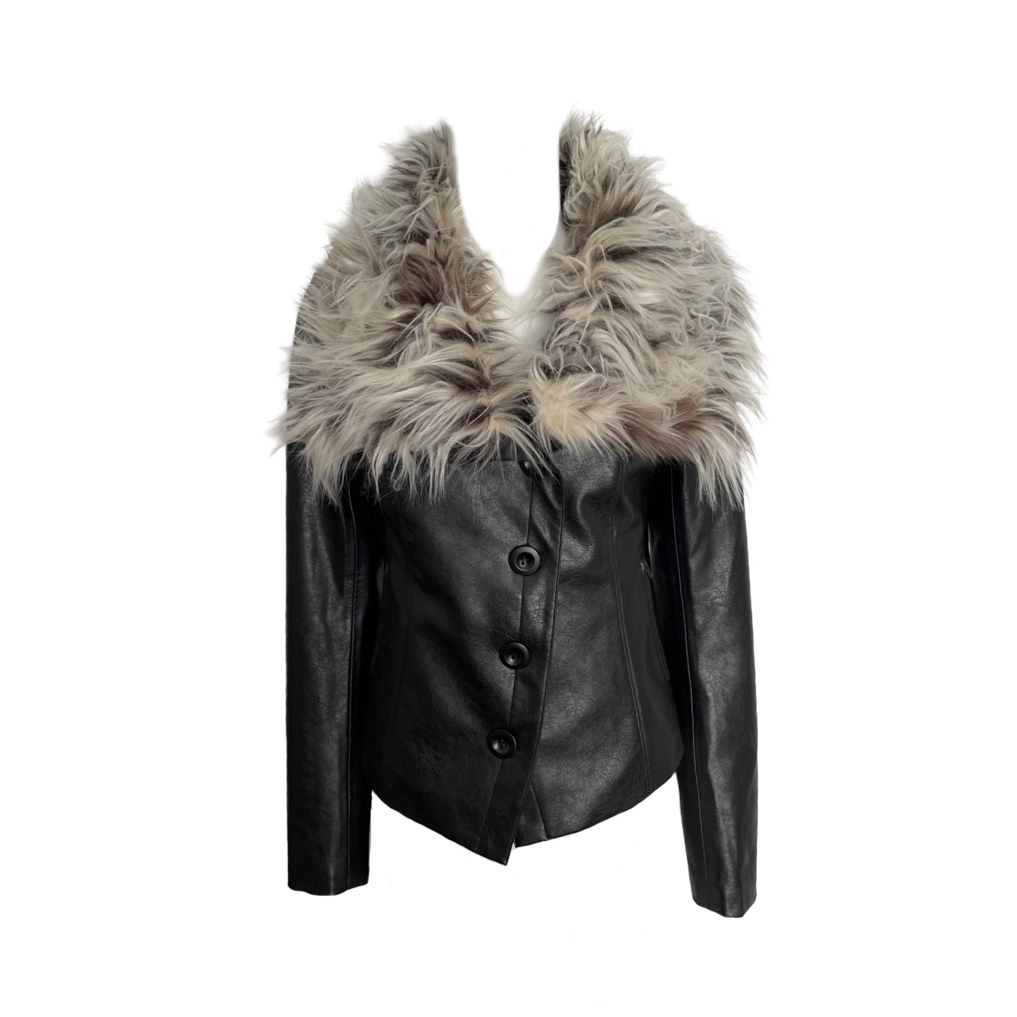 BLACK FUR COLLAR FAUX LEATHER JACKET